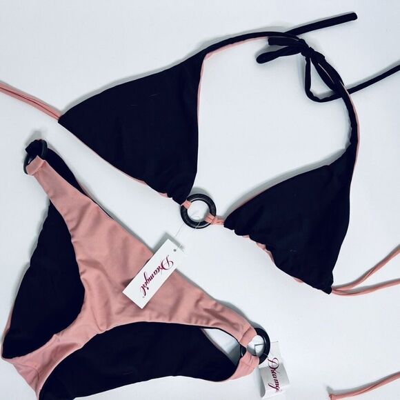 Dreamgirl: 2-in-1 Fully Reversible Pink/Brown Halter Bikini with Ring Detail​ - Picture 4 of 7